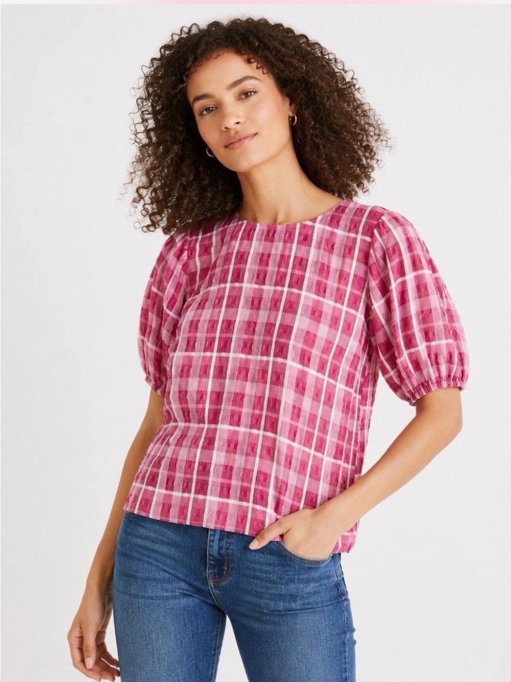 Madewell Pink Plaid Puff Sleeve Top Small Office Casual Feminine Cottage Core